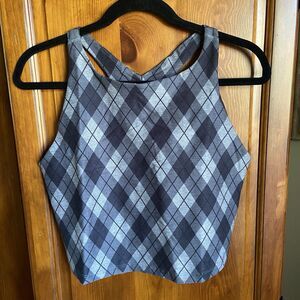 Beyond Yoga Softmark Refocus Cropped Tank Top Size XL Gray Black Argyle Plaid